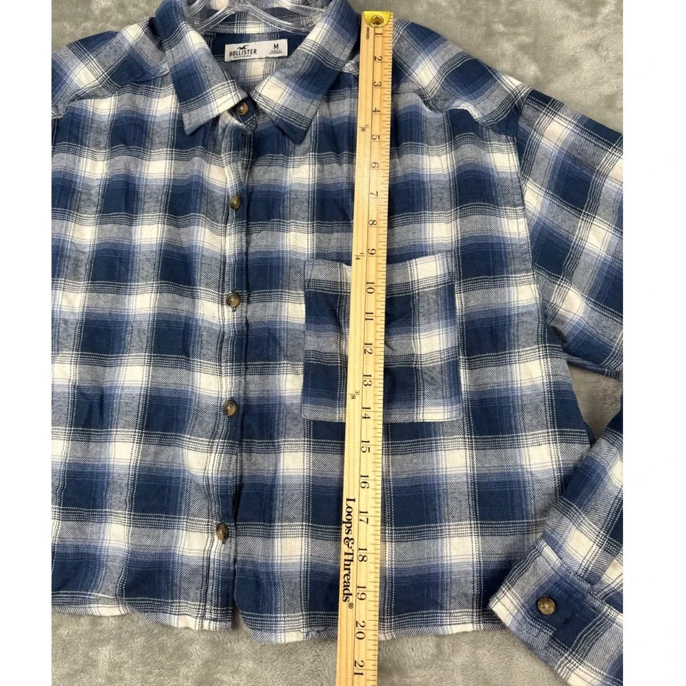 Hollister Womens Blue White Plaid Cropped Flannel Button Down Shirt Medium M